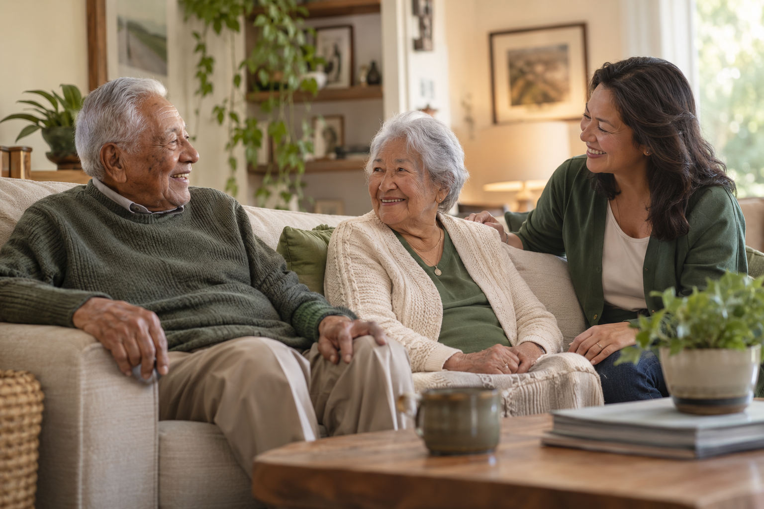 An older couple enjoying warm conversation with a compassionate support person